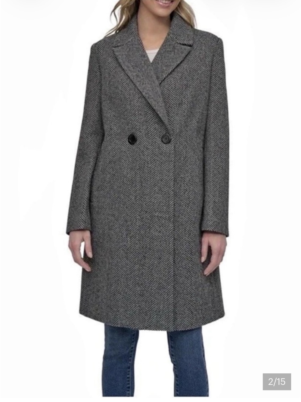 DKNY Women's Herringbone Double-Breasted Fashion Coat Gray & Black Large
